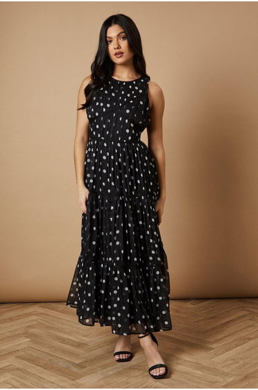 Mono Spot Contrast Piping Midi Dress