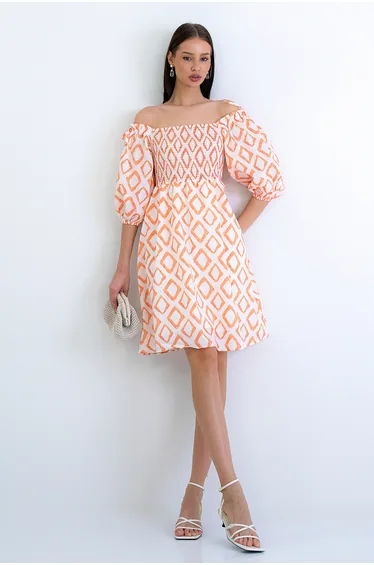 Women's Orange Square Neck Watermelon Sleeve Front Gipeli Lined Inside Linen Mini Dress