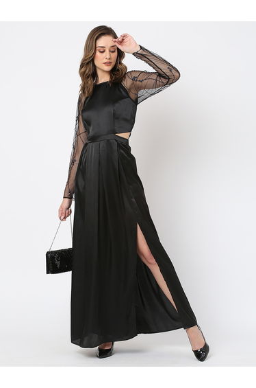 Beaded Sheer Sleeves Satin Cutout Detail Fit and Flare Maxi Dress with Side Slit