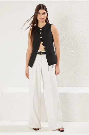 Black Regular Crew Neck Button Detail Vest Vest