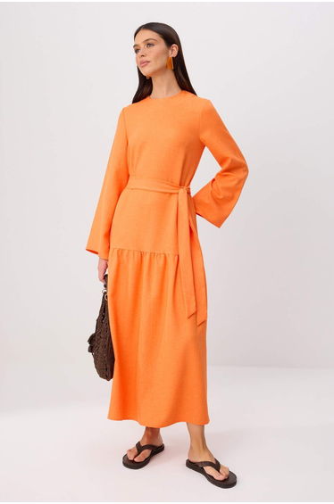 Orange Belted Linen Look Woven Dress