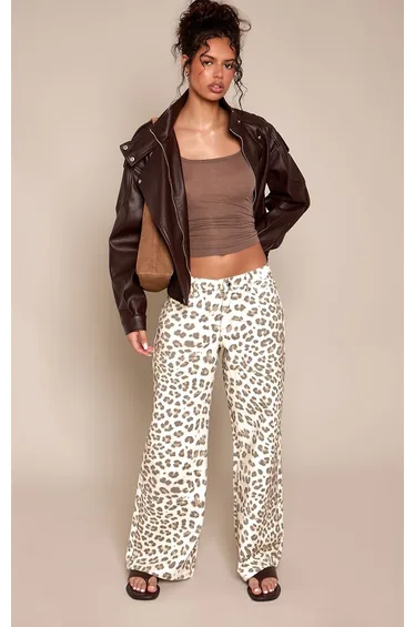 Leopard Print Low Rise Wide Leg Jeans