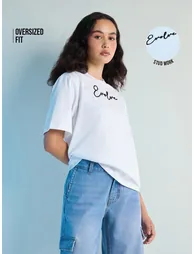 White Stud Detailed Oversized Round Neck T-Shirt - 4