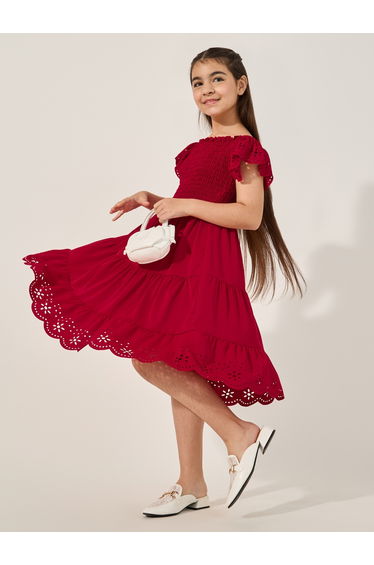 Laser Cut Detail Smocked Tiered Dress
