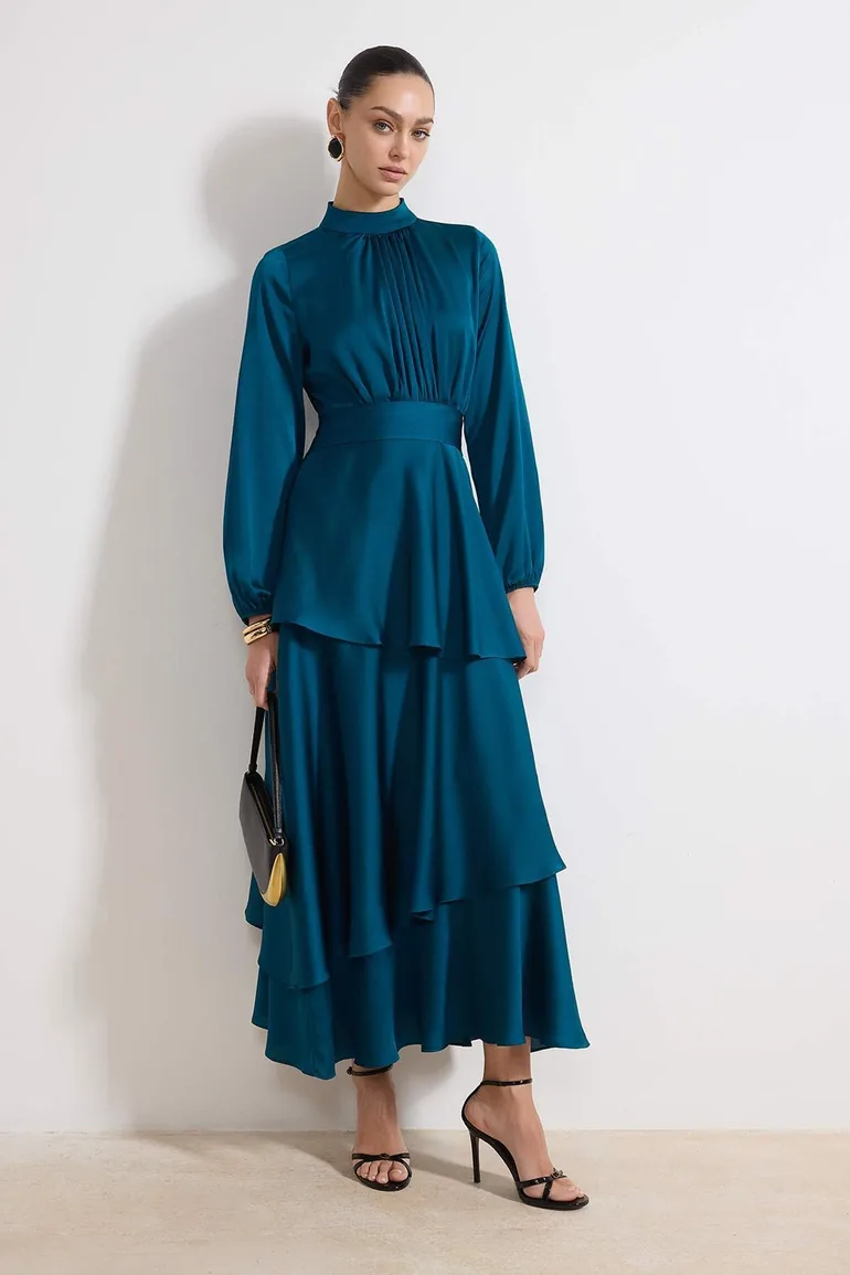 Emerald Green Skirt Layered Satin Woven Evening Dress/Gown - 1