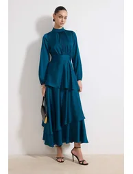 Emerald Green Skirt Layered Satin Woven Evening Dress/Gown - 1