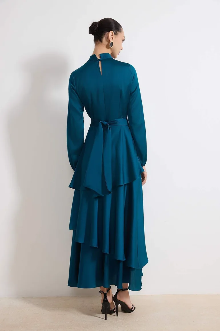 Emerald Green Skirt Layered Satin Woven Evening Dress/Gown - 3