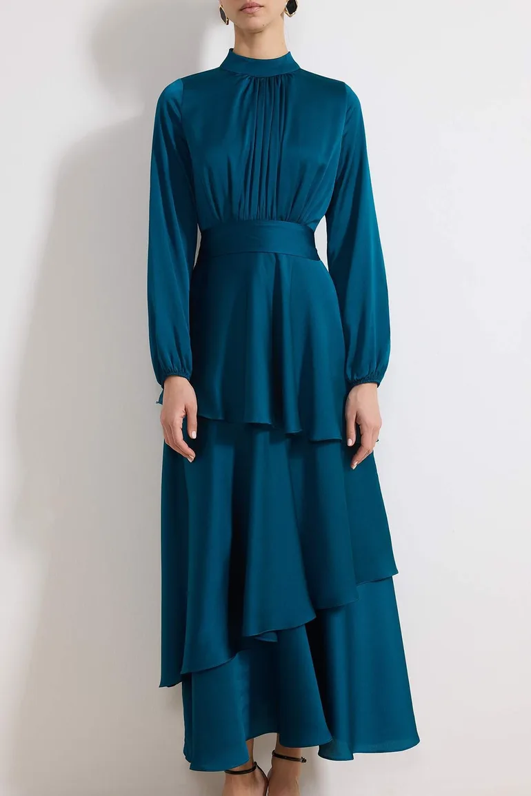 Emerald Green Skirt Layered Satin Woven Evening Dress/Gown - 2