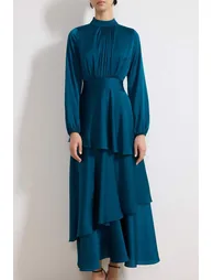 Emerald Green Skirt Layered Satin Woven Evening Dress/Gown - 2