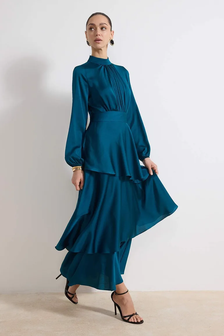 Emerald Green Skirt Layered Satin Woven Evening Dress/Gown