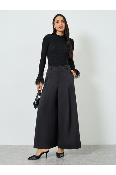 Black Flowy Wide Leg Pants with Fold Pleat