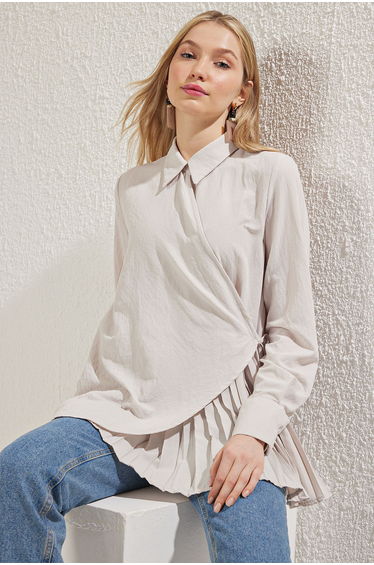 Stone Shirt Double Breasted Pleated Collar Detailed Woven Shirt