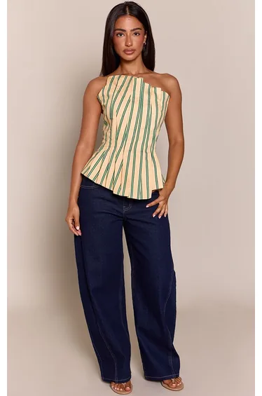 Petite Butter Cream Stripe Pleated Asymmetric Bandeau Top