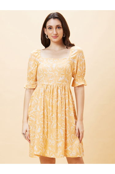 Women Peach Floral Printed Square Neck A-Line Mini Dress