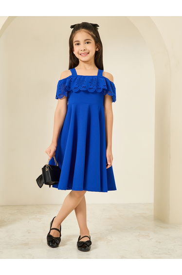 Blue Schiffli Cold Shoulder Knee-Length Dress