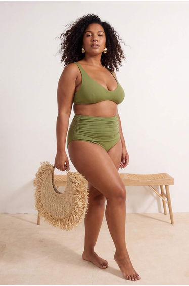 Oil Green High Waist Corset Gathered Detailed Gathering Plus Size Bikini Bottom