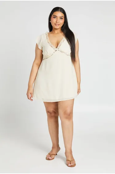 Plus Cap Sleeve Lace Trim Shift Dress - cream