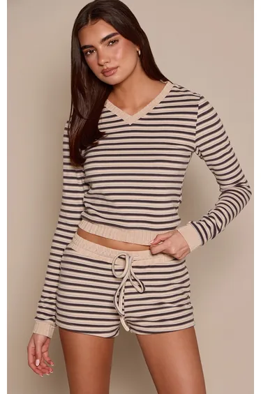 Light Brown Striped Soft Fleece V Neck Long Sleeve Top