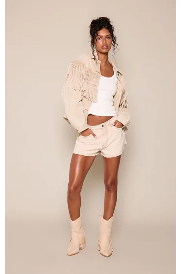 Washed Stone Fringe Detail High Waist Denim Shorts