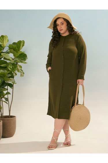 Plus Olive Shift Midi Dress with Front Button