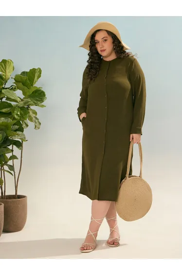 فستان ميدي بأزرار لون أخضر - للمقاسات الكبيرة