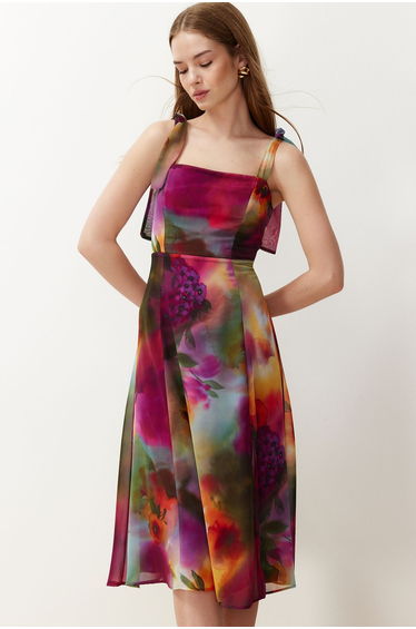 A-Line Midi Dress with Floral Prints
