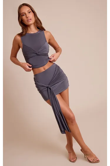 Charcoal Slinky Knot Detail Mini Skirt