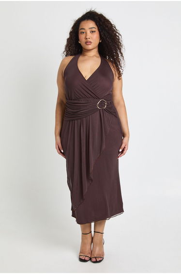 Plus Halter Gold Trim Ruched Midaxi - chocolate