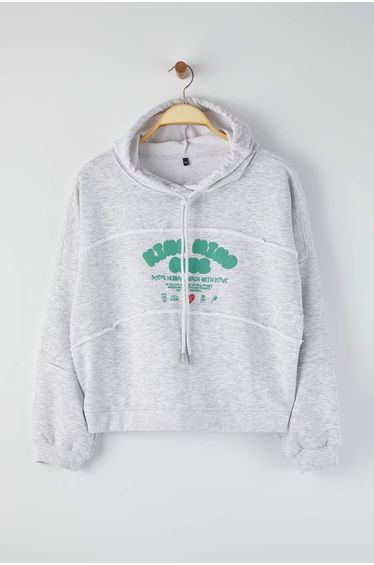 Gray Melange Hooded Puff Printed Wide Cut Crop Knitted Plus Size Sweatshirt
