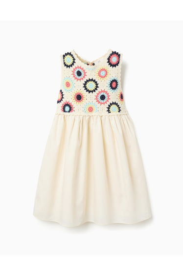 Dual-Fabric Dress With Crochet Flowers For Girls, Light Beige