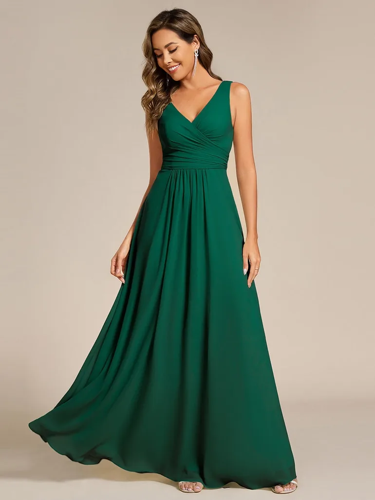 ever SAUYER|Strapless Pleated V-Neck A-Line Maxi Chiffon Bridesmaid Dress