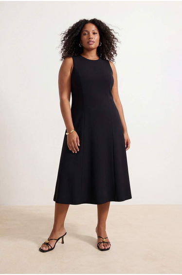 Black 100% Cotton Skater Crew Neck Sleeveless Midi Knitted Midi Plus Size Dress
