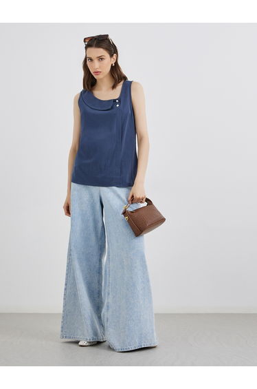 Solid Button Detail Asymmetrical Neck Sleeveless Blouse