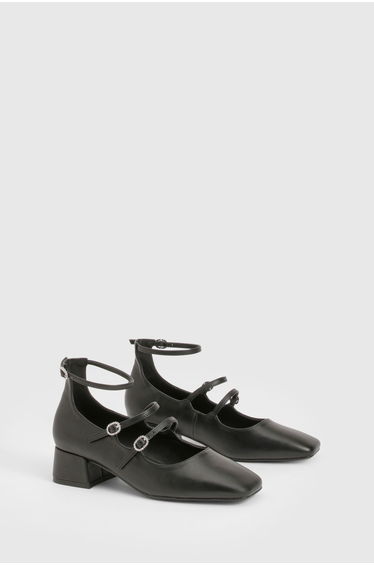 Square Toe Triple Strap Mary Jane Shoes - black