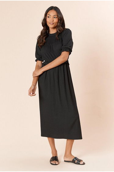 Puff Sleeve Shirred Bodice Peplum Midi Dress