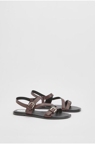 Sheska Faux Leather Buckle Detail Asymmetrical Flat Sandals