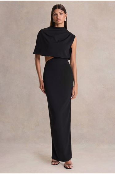 Roseth | Black High-Neck Maxi Dress With One-Sleeve And Body Cu-Out Detail