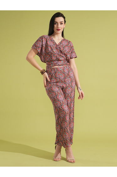 Ethnic Print Back Tie-Up Crop Top and Trousers Co-Ords