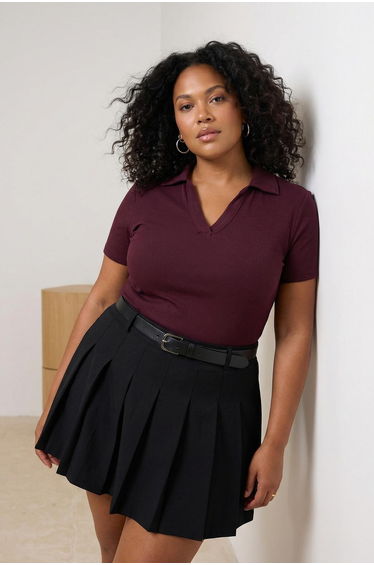 Plum Polo Collar Bodycon Corded Fabric Knitted Blouse