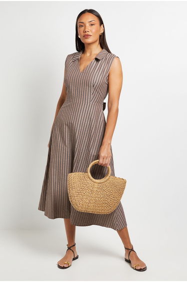 Stripe Tie Waist Fit and Flare Dress