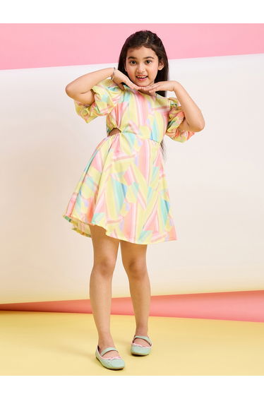Girls Pastel Printed Puff Sleeve Midi Dress
