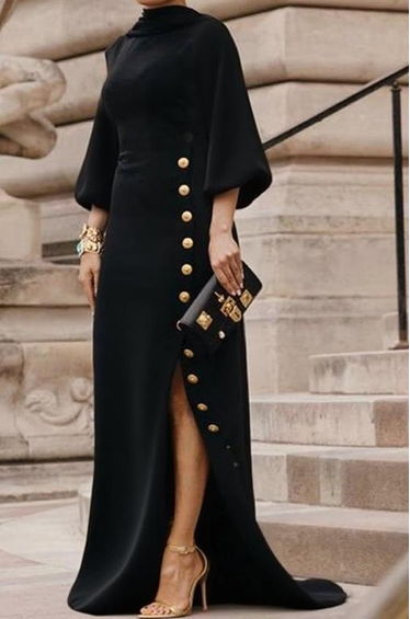 Loose Puff Sleeves Buttoned Split-side Mock Neck Maxi Dresses