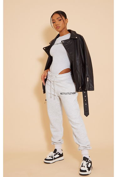 PRETTYLITTLETHING Ash Grey Logo High Waisted Cuffed Joggers