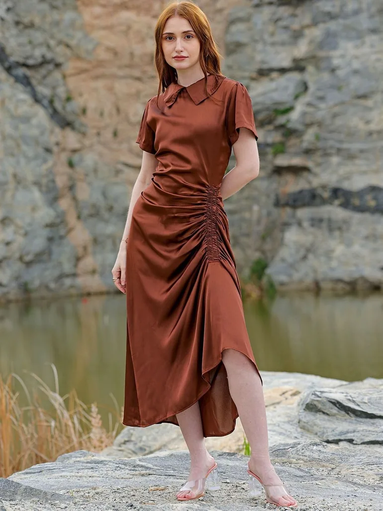 brown satin ruched dress One Shoulder Drape Satin Bridesmaid Dress main image 0