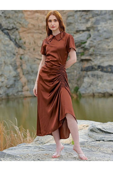 Women Brown Satin Ruched Asymmetric Dress