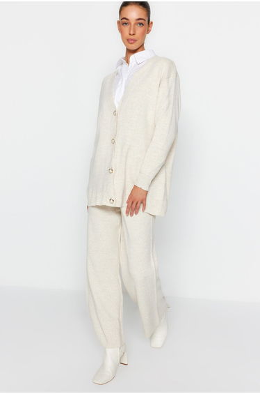 With Stone Pearl Buttons, Knitwear Cardigan-Pants Top and Bottom Set