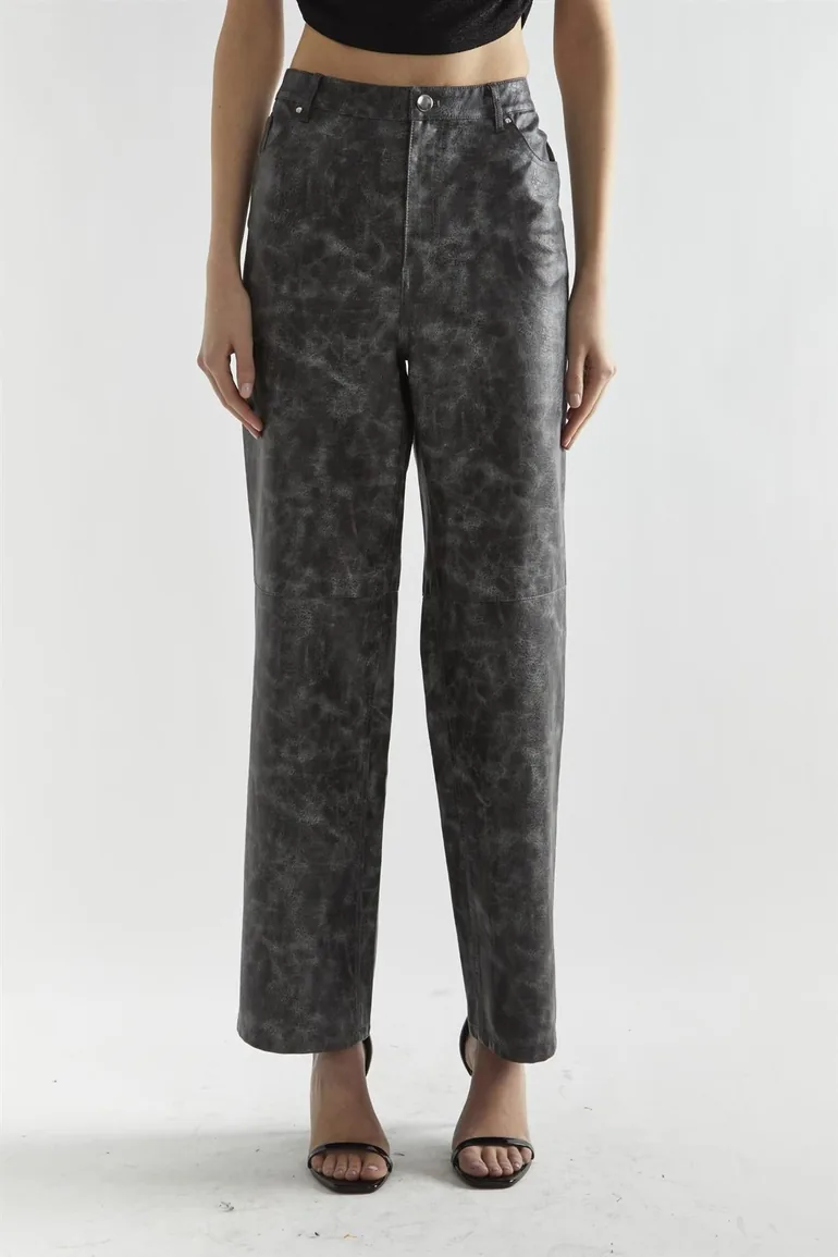 Black Marble PU Wide-Leg High-Waist-Trousers - 2