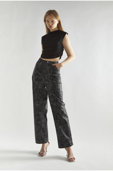 Black Marble PU Wide-Leg High-Waist-Trousers
