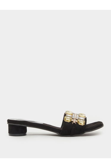 Women Black Embellished Slip on Sandals
