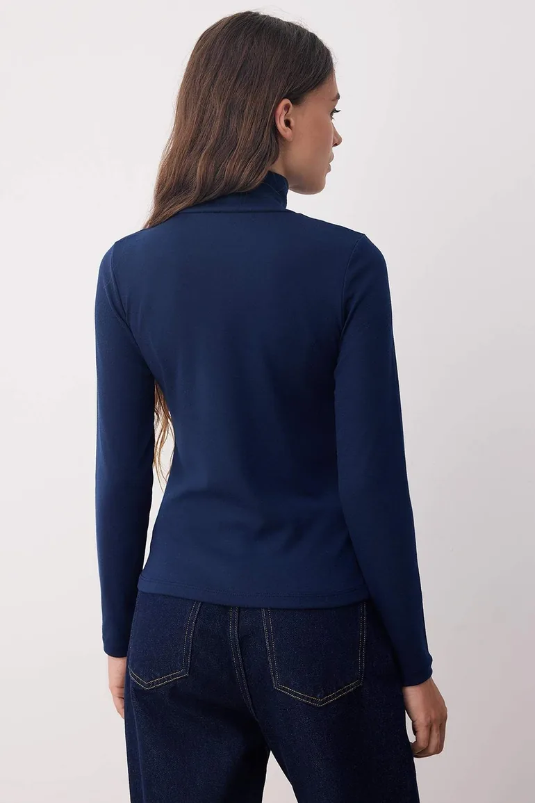 Navy Blue Premium Soft Fabric Turtleneck Fitted/Fits Body Flexible Knitted Blouse - 3